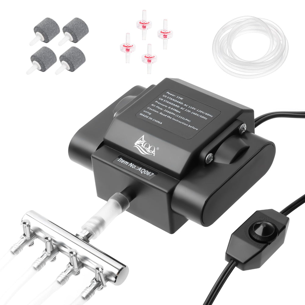 AQQA aquarium air pump front view demonstrates strong aeration for healthier fish and aquatic plants.