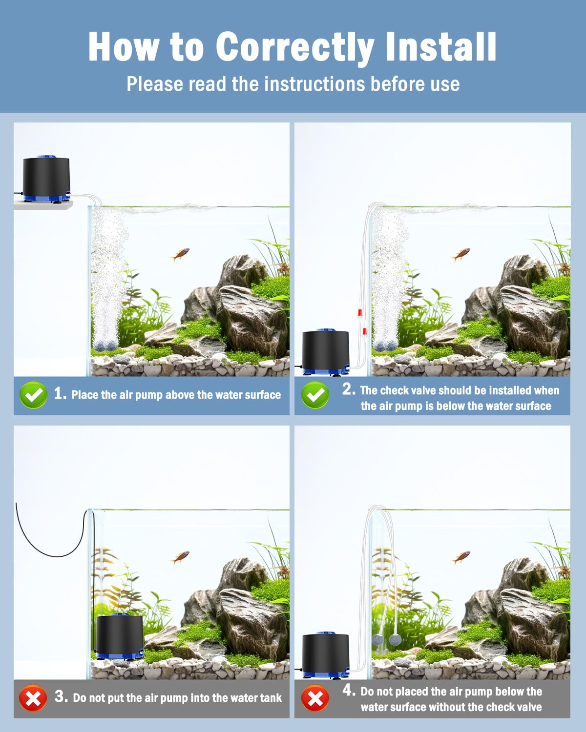 AQQA Aquarium Air Pump packaging shows complete accessory kit for fast installation
