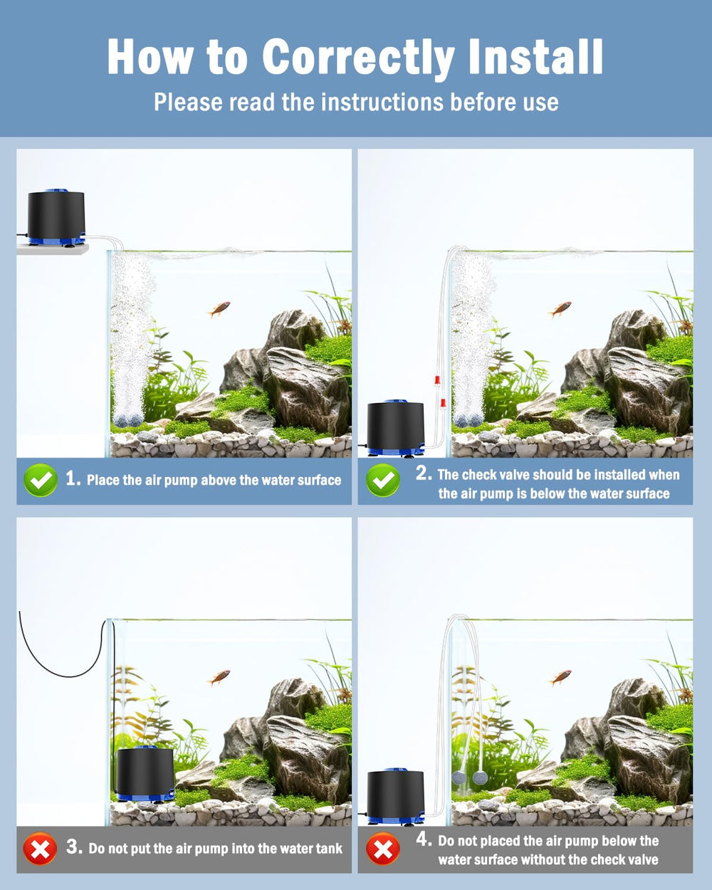AQQA Aquarium Air Pump packaging shows complete accessory kit for fast installation
