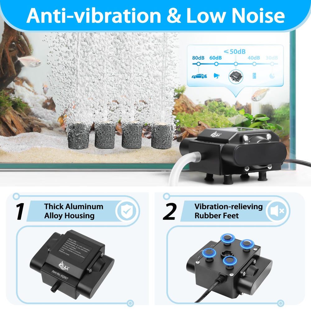 AQQA aquarium air pump side view highlights compact design ideal for space-saving setups.