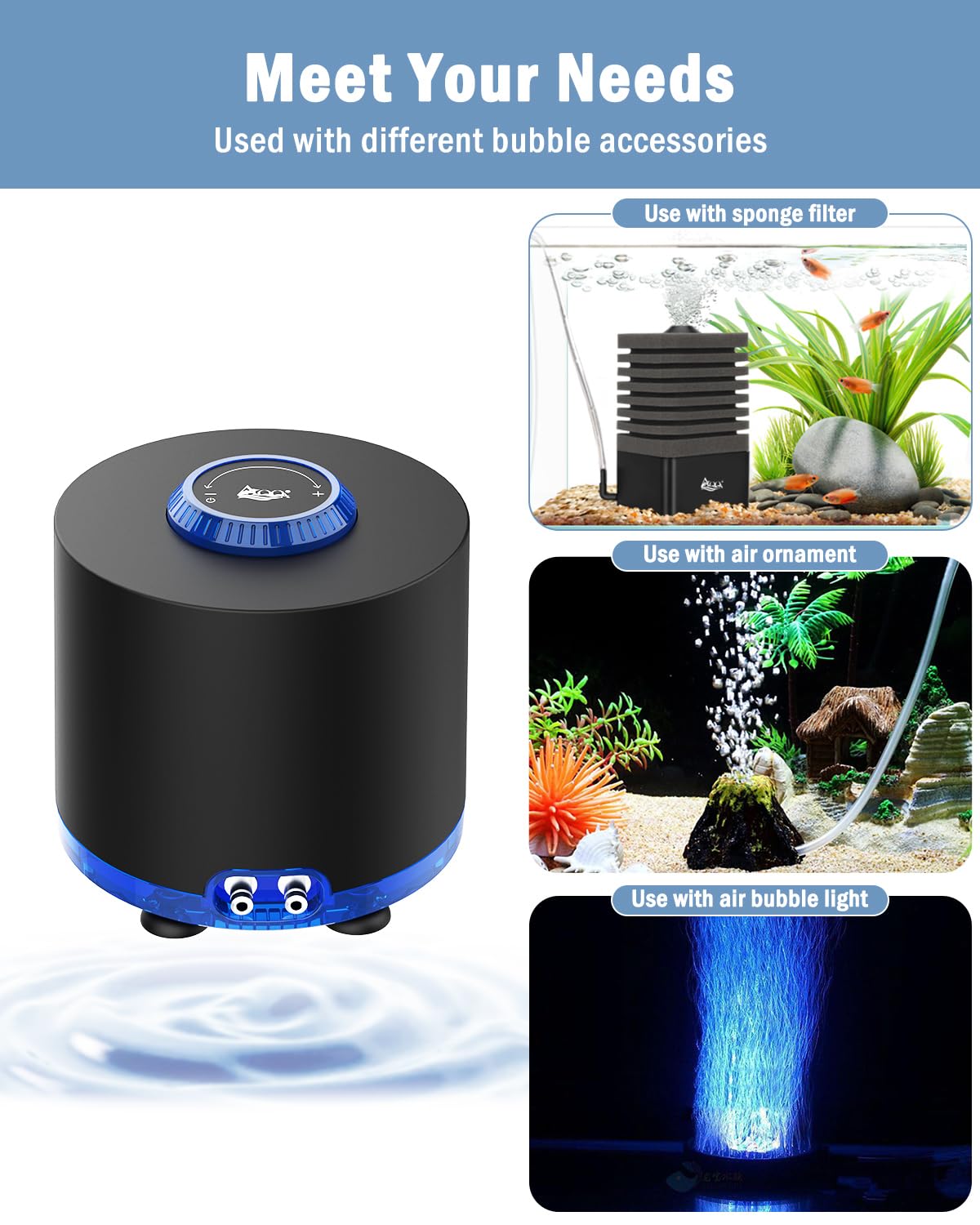 AQQA Aquarium Air Pump stainless steel case emphasizes durability and seawater compatibility