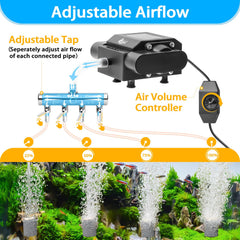 AQQA aquarium air pump top panel shows adjustable controls for tailored airflow.