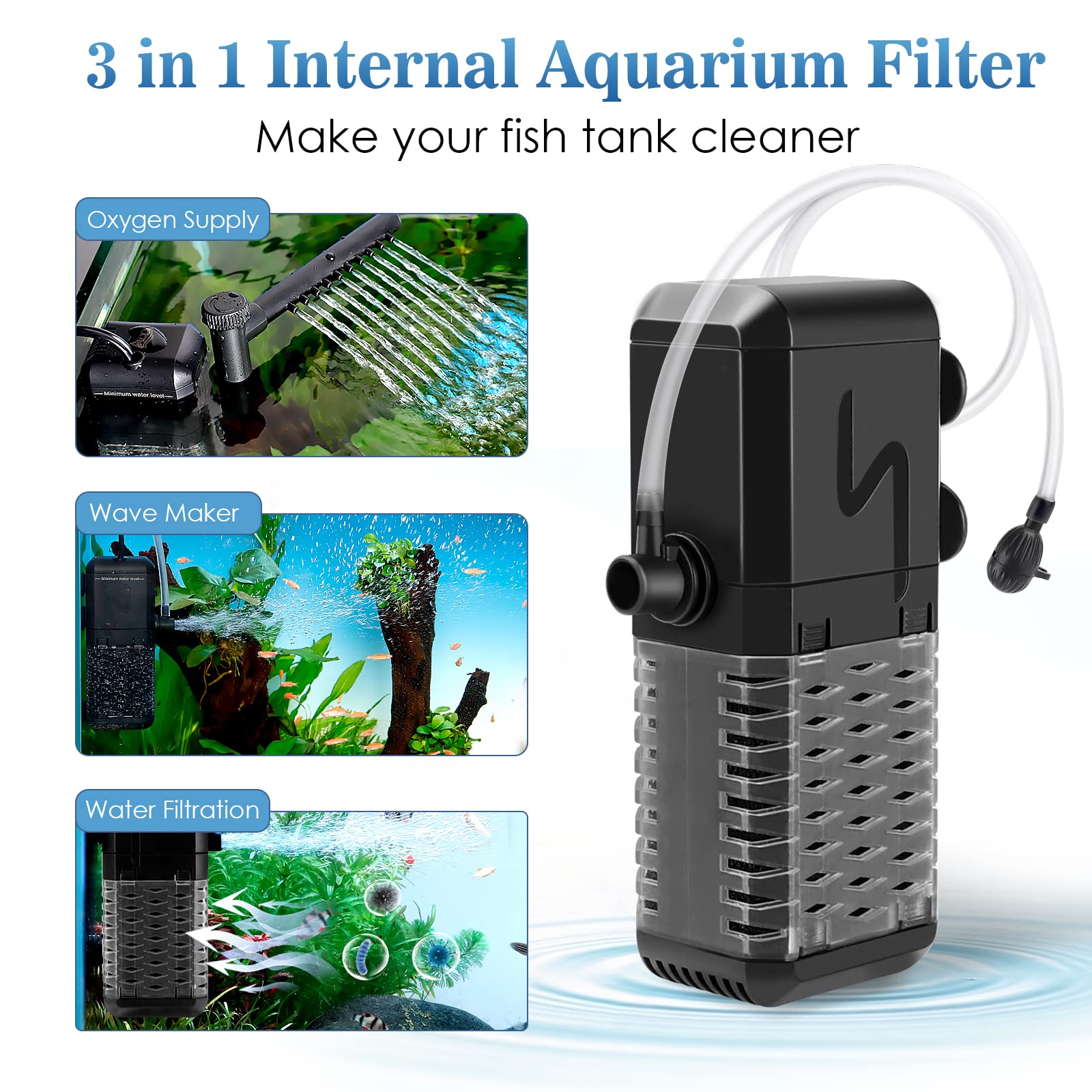 AQQA Aquarium Filter water-flow adjustment image shows customizable circulation for healthy tanks.