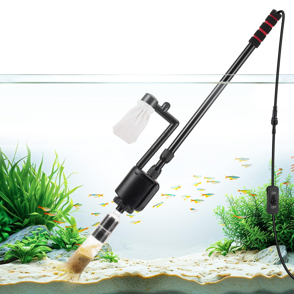 AQQA Aquarium Gravel Cleaner 360° brush cleans tank walls for easier maintenance.