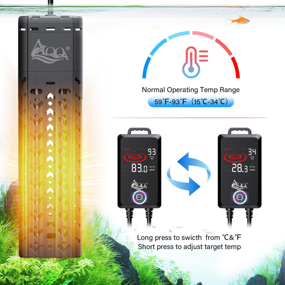 AQQA 1200W heater with overheating protection for safe fish keeping.