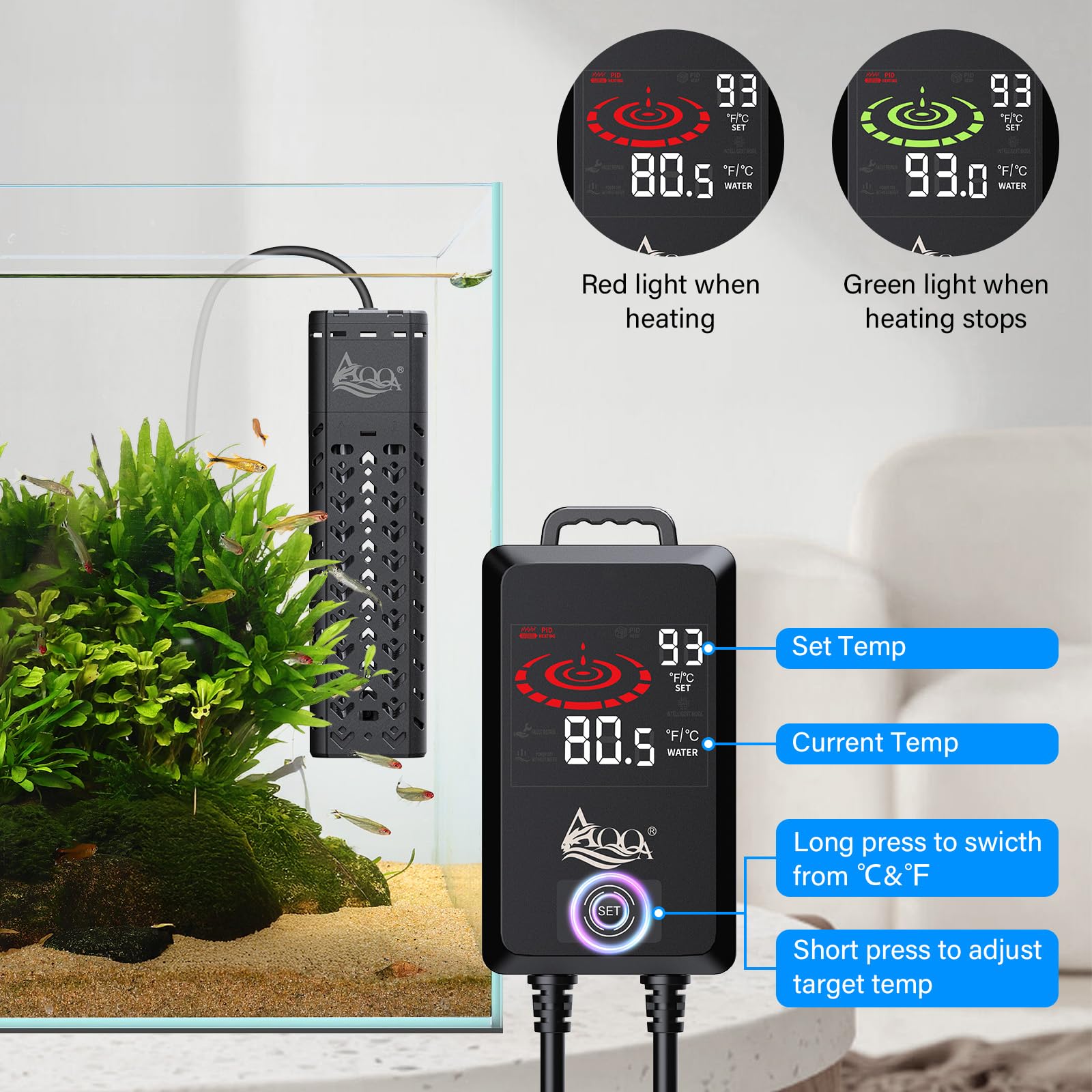 AQQA 1200W aquarium heater submerged for safe operation in large tanks.