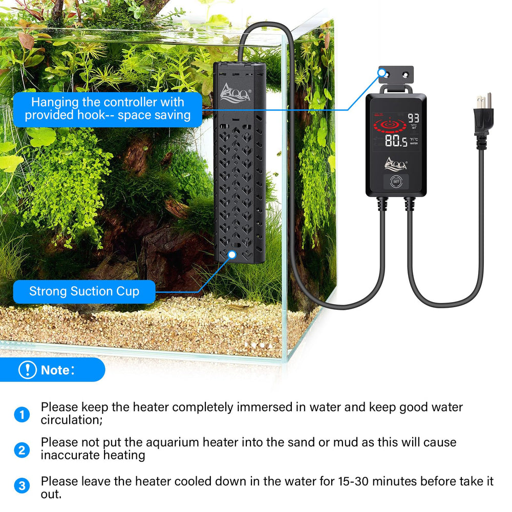 AQQA 1200W heater adjustable from 59–93F for flexible setups.