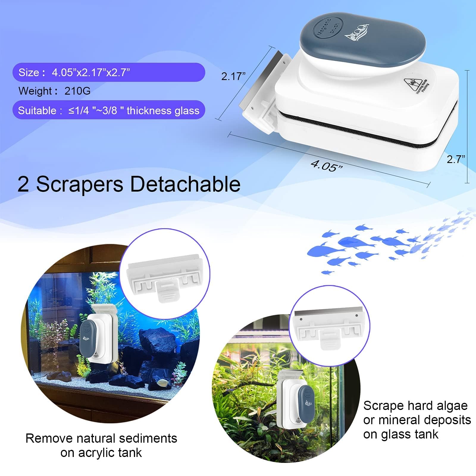 AQQA includes two detachable blades—stainless steel and plastic—for different glass and acrylic tanks.