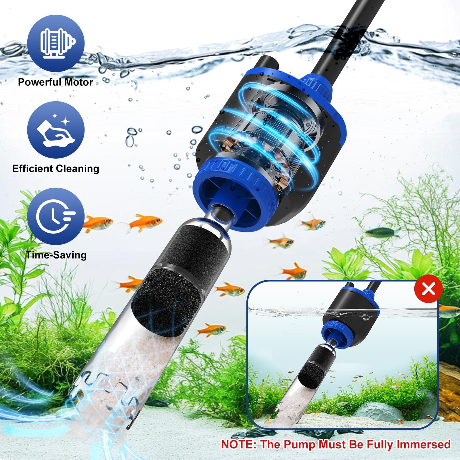 AQQA DC 36W extendable handle reaches tall tanks without wet hands.