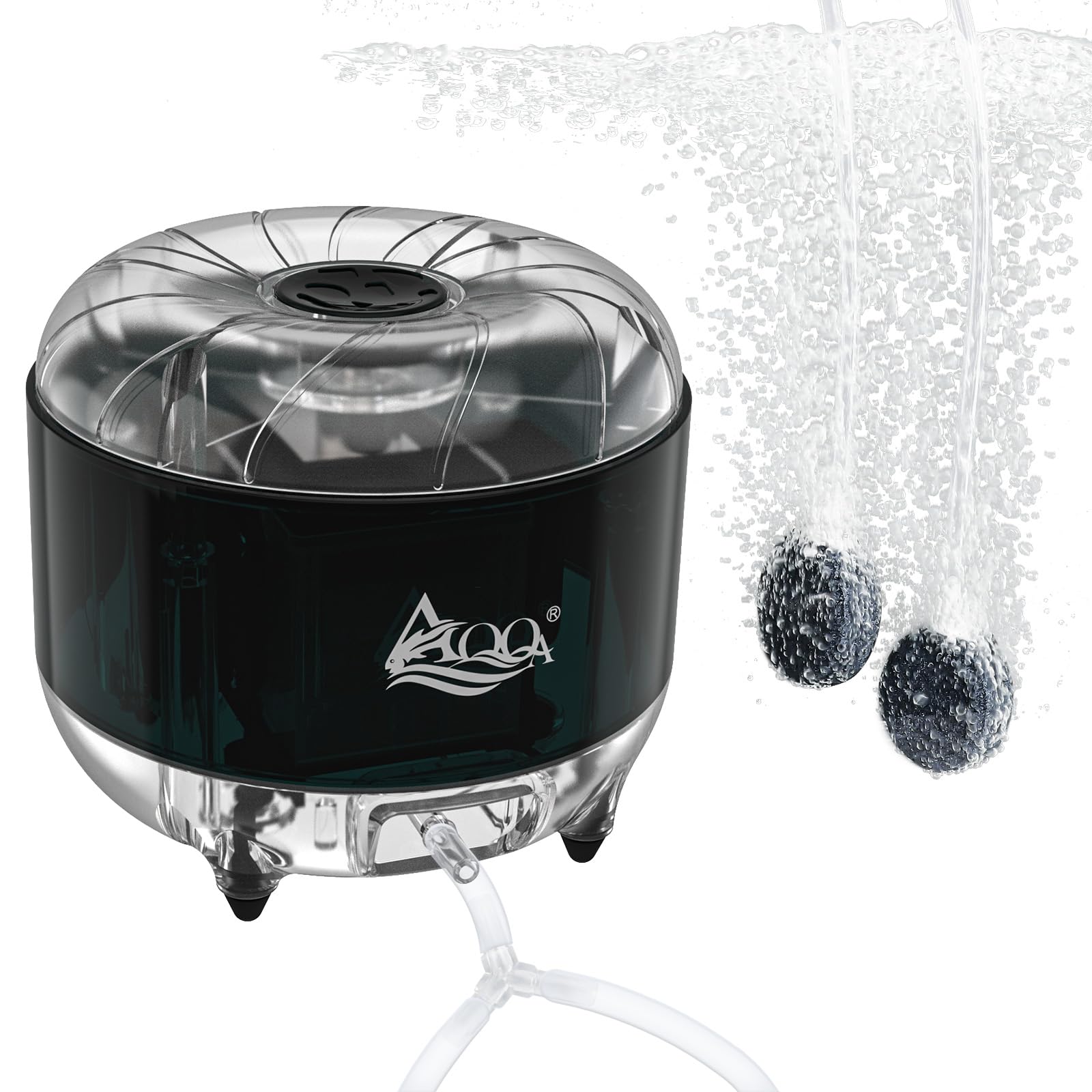 AQQA Fish Tank Air Pump front view demonstrates compact, ultra-silent operation for quiet aquariums.
