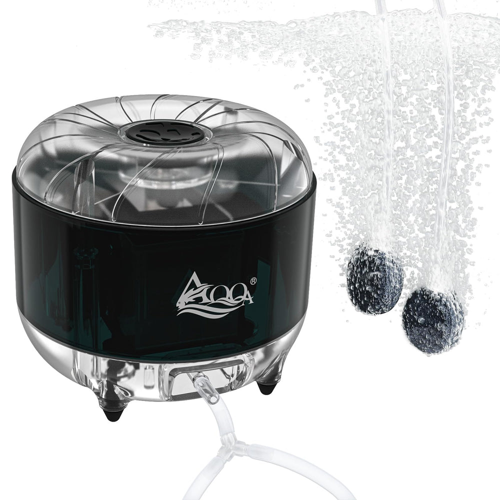 AQQA Fish Tank Air Pump front view demonstrates compact, ultra-silent operation for quiet aquariums.