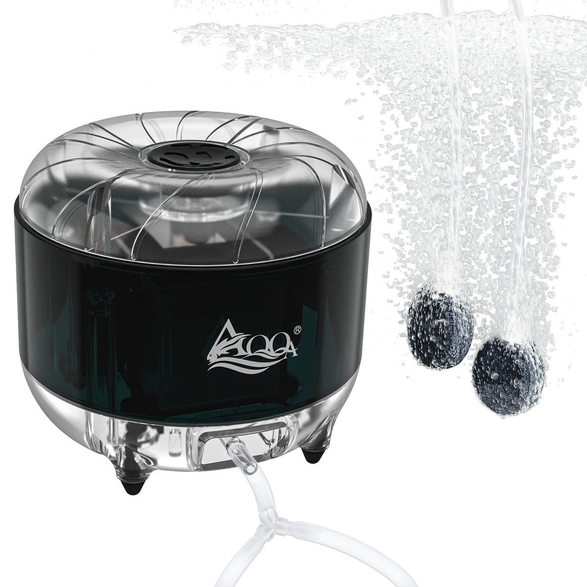 AQQA Fish Tank Air Pump front view demonstrates compact, ultra-silent operation for quiet aquariums.