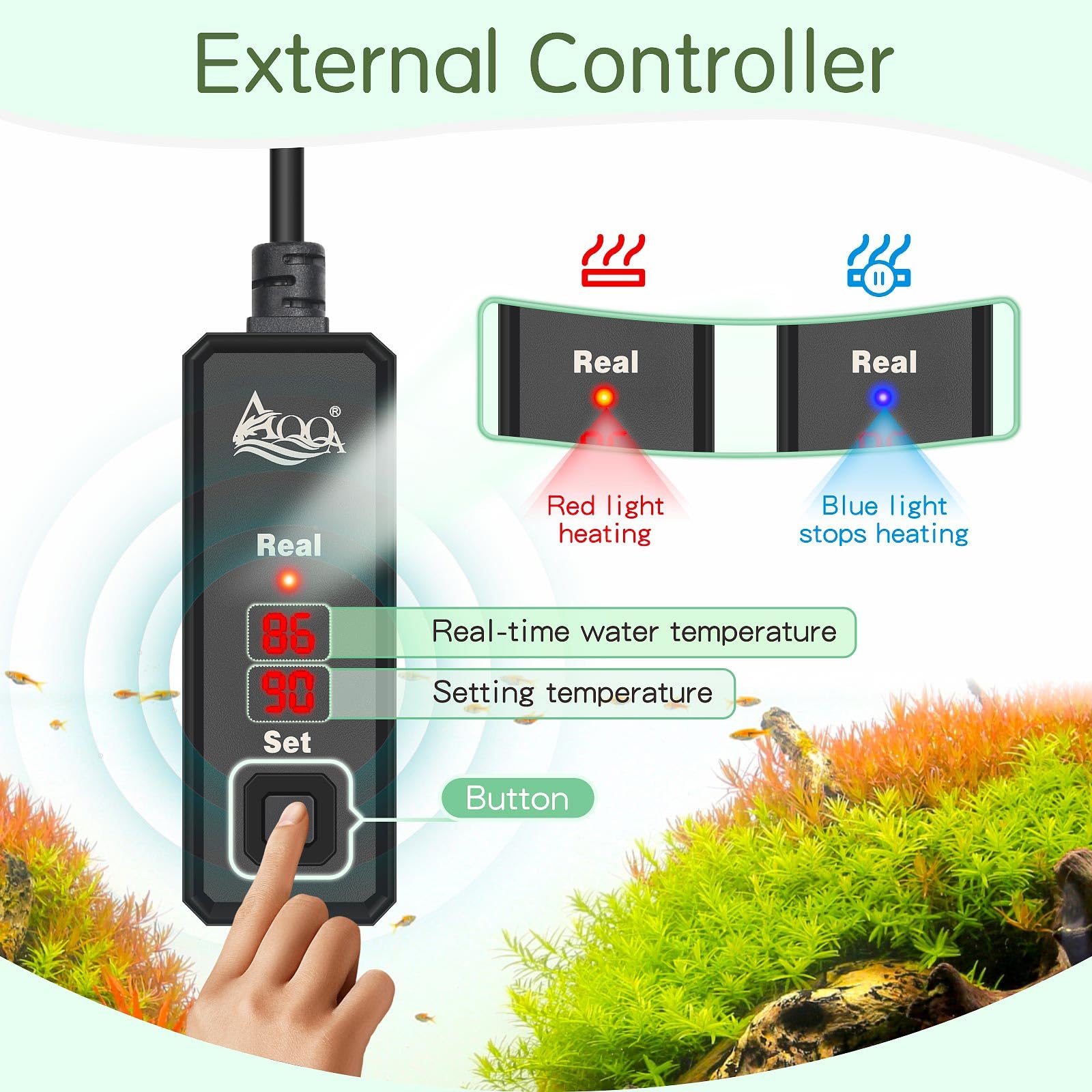 AQQA fish tank heater external controller showing precise temperature readout