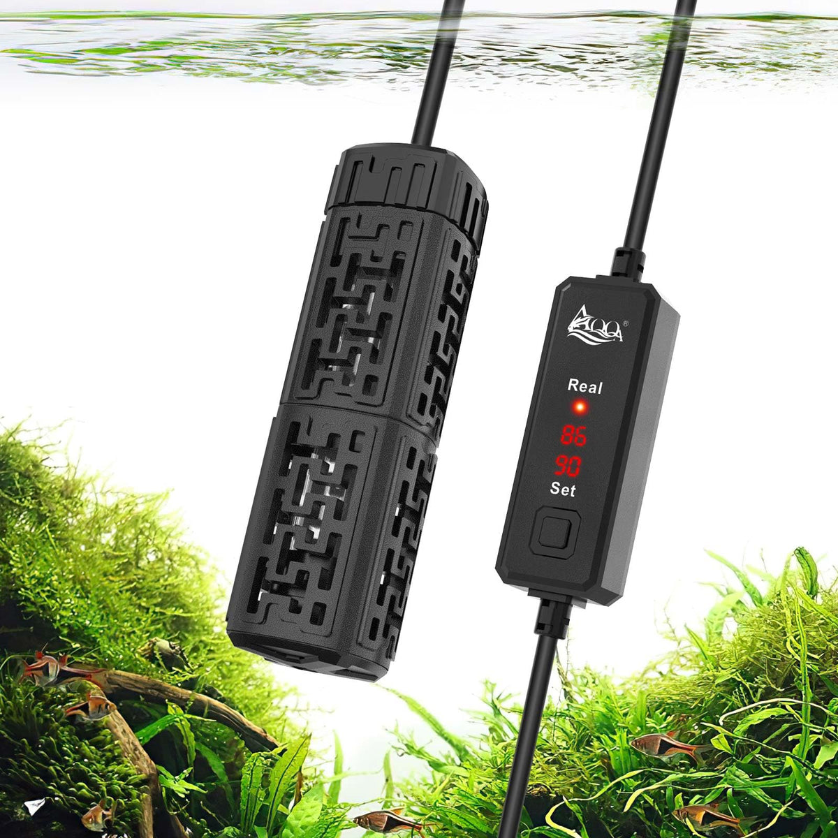 AQQA fish tank heater front view with durable outer shell for reliable heat