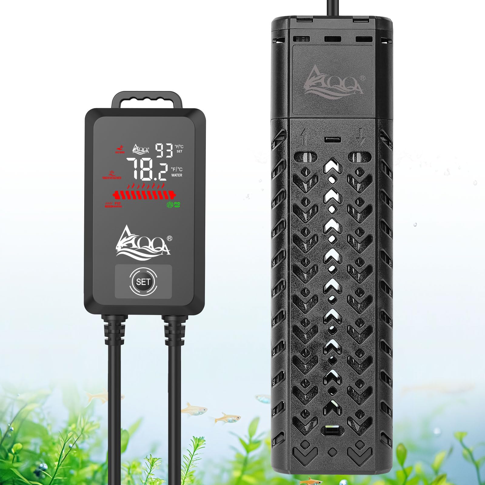 AQQA fish tank heater front view keeps tank temperatures steady for healthy aquatic life.