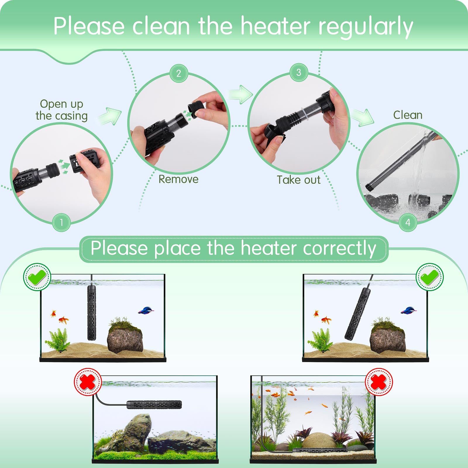 AQQA fish tank heater high-temperature safety feature prevents overheating in tanks.