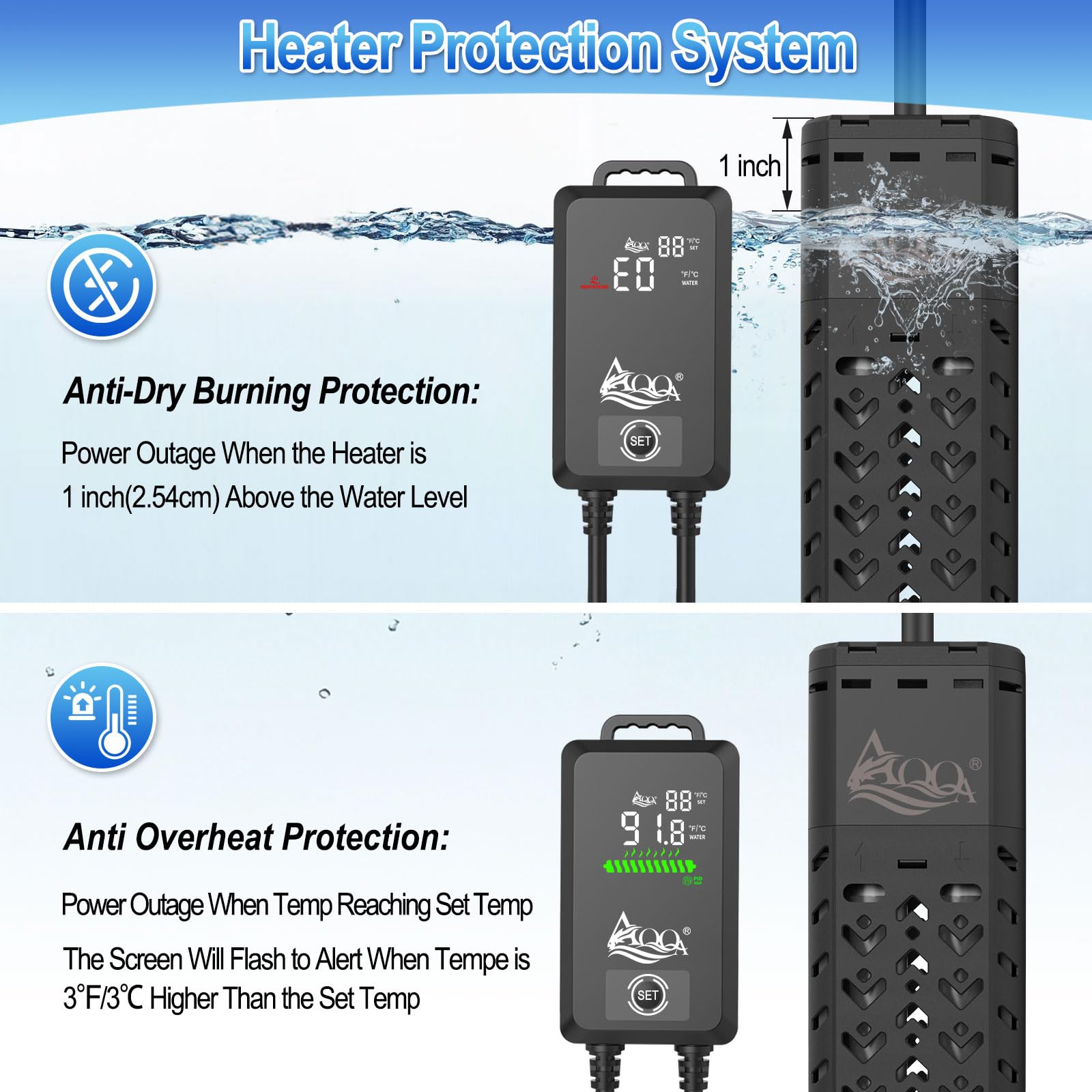 AQQA fish tank heater quartz glass construction offers durability for reliable heating.
