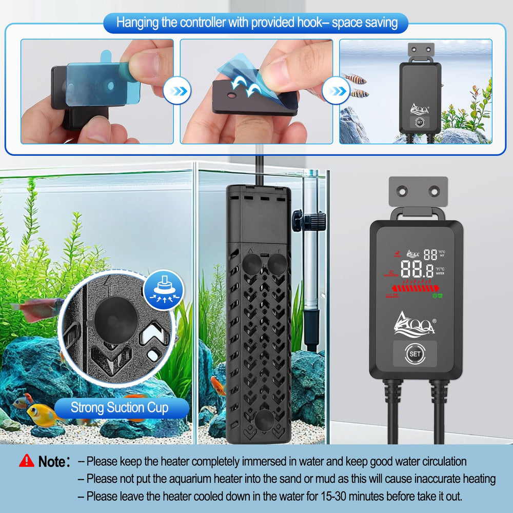 AQQA fish tank heater in saltwater setup ensures safe, steady warmth.