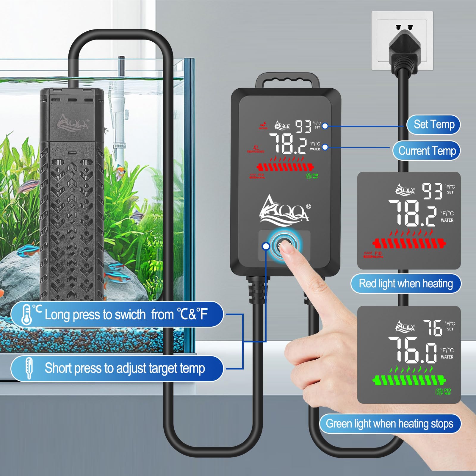 AQQA fish tank heater submerged installation highlights its unobtrusive submersible design.