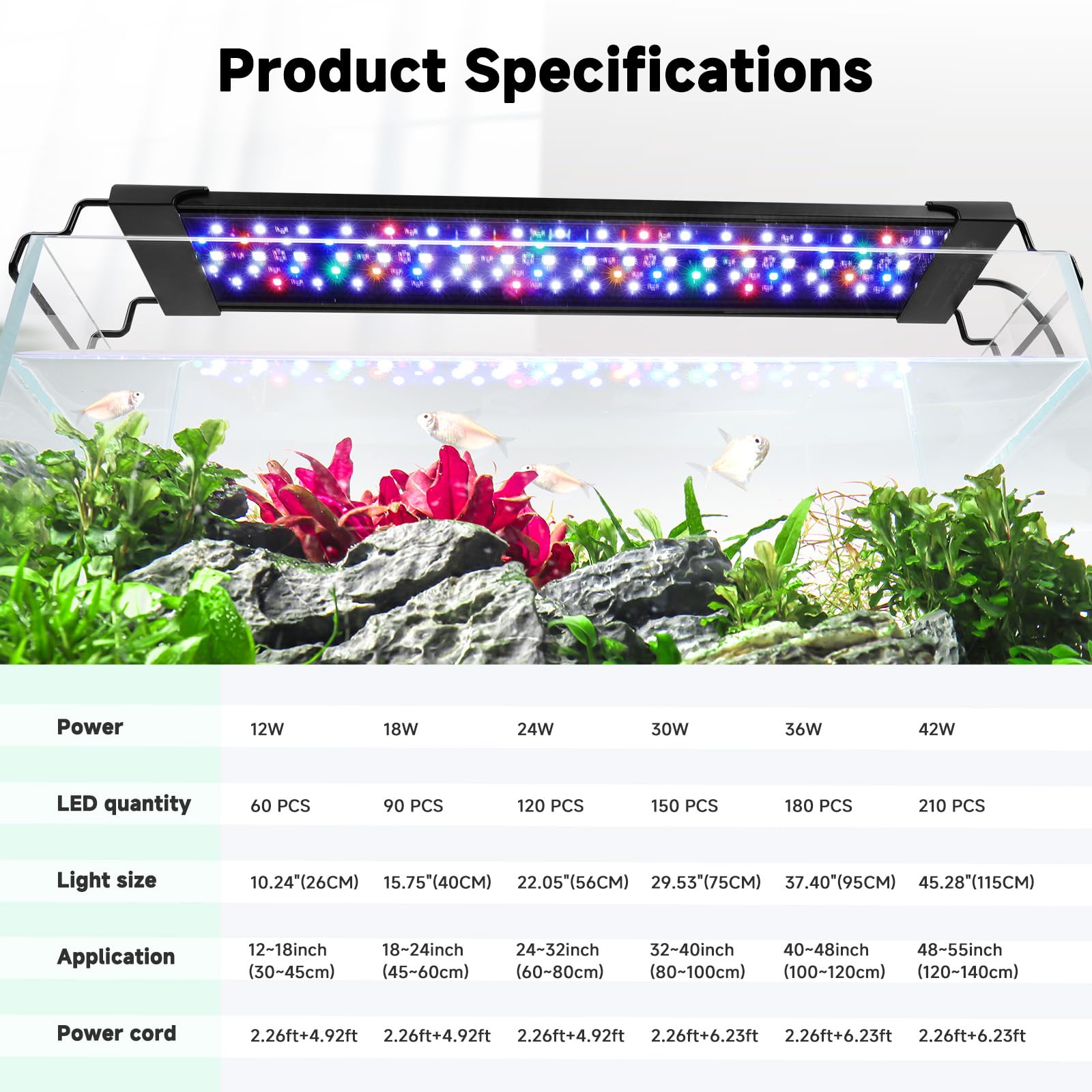 AQQA LED Aquarium Light 18-24 inch tank-ready design improves viewing and plant growth potential