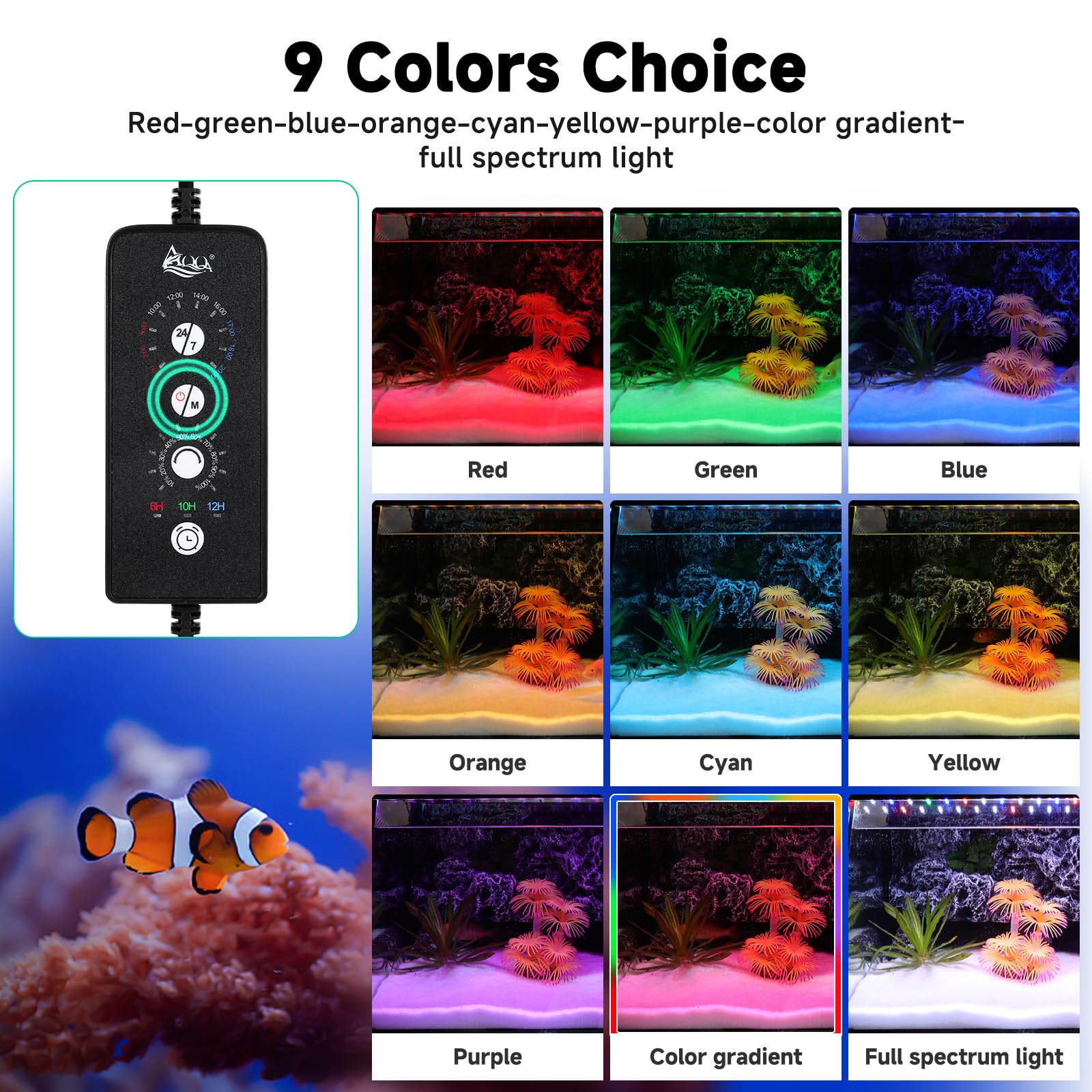 AQQA LED aquarium light in 24/7 default cycle for natural day-night rhythm.