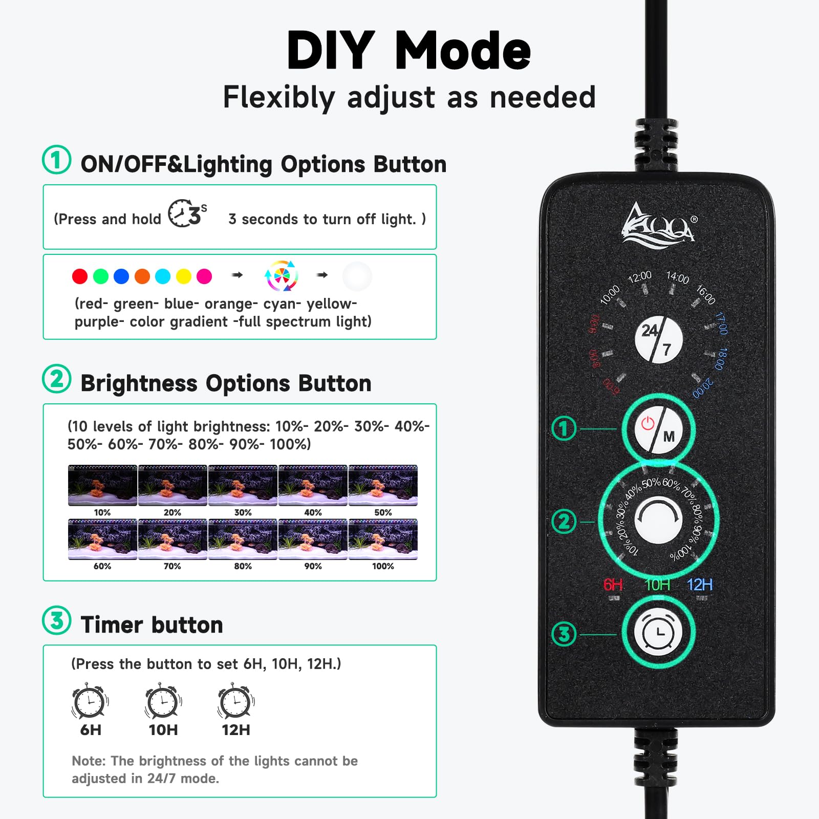 AQQA LED Aquarium Light control panel with adjustable color and brightness options