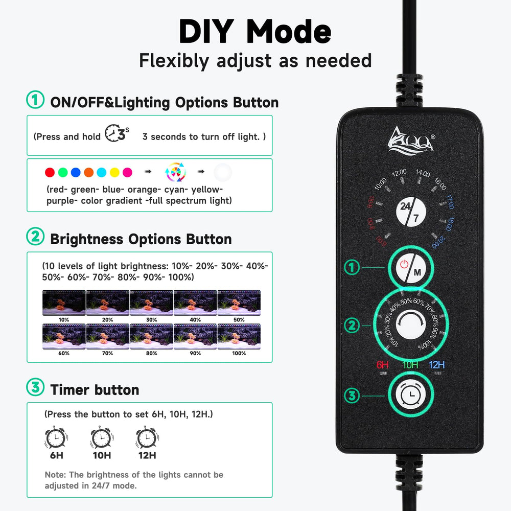 AQQA LED DIY mode with color cycle offers customizable lighting for plants and fish.