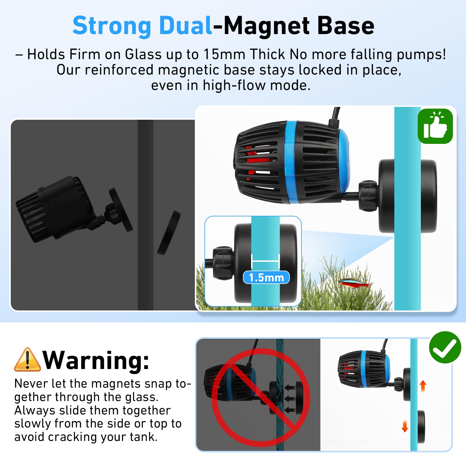 AQQA Magnetic base attachment shows secure, slip-free mounting on glass