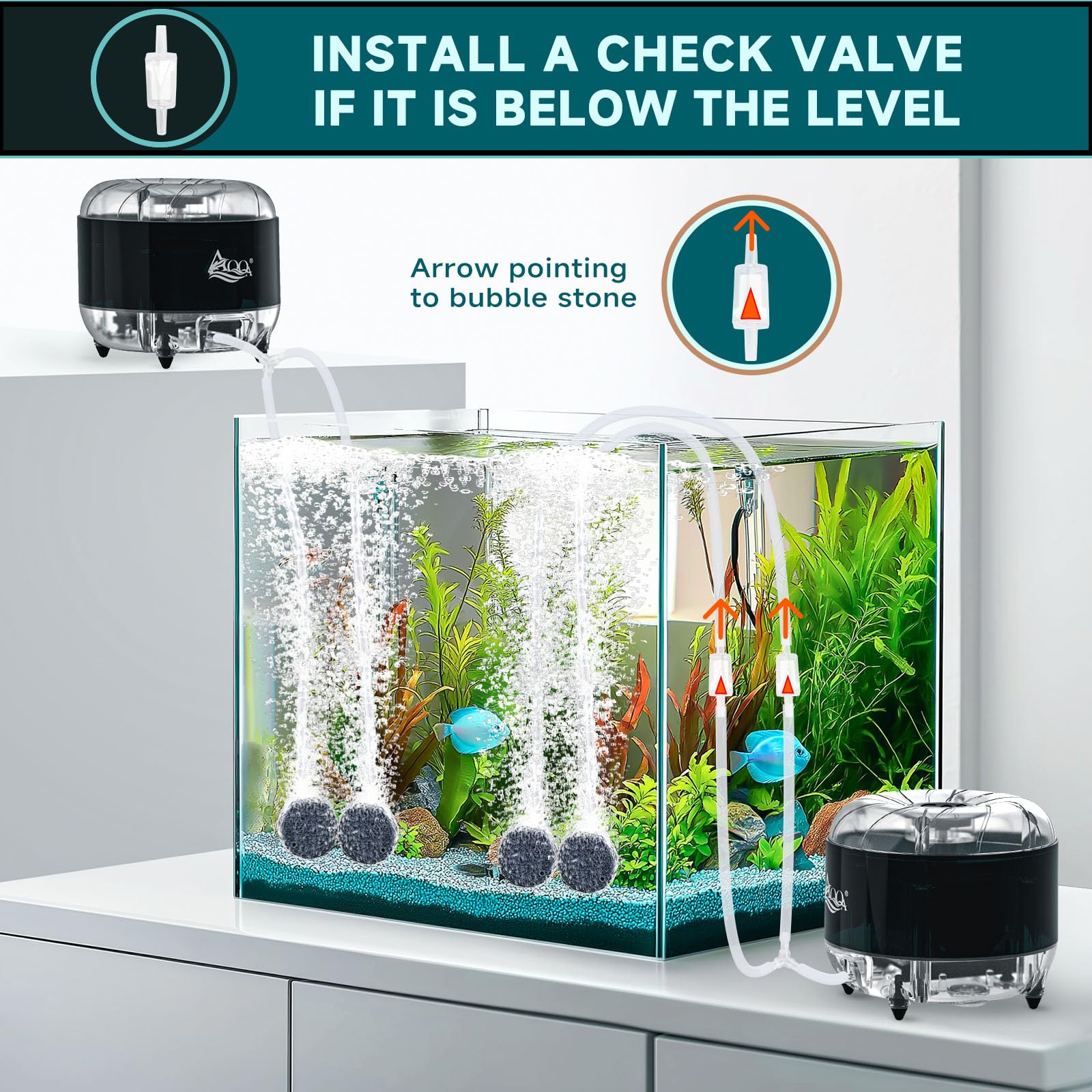 AQQA pump with rubber feet reduces vibration transmission to the stand.
