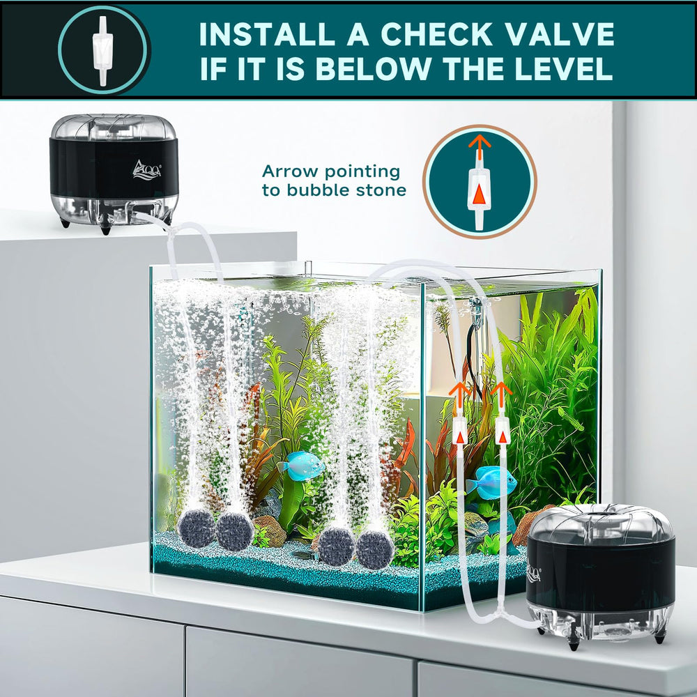 AQQA pump with rubber feet reduces vibration transmission to the stand.