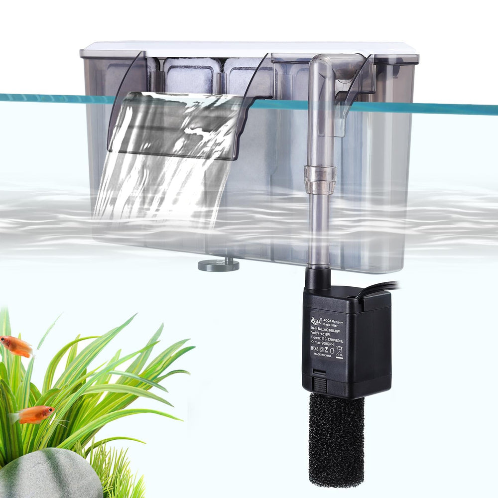 AQQA Quiet filter front view highlights space-saving design for 30-50 gallon aquariums.
