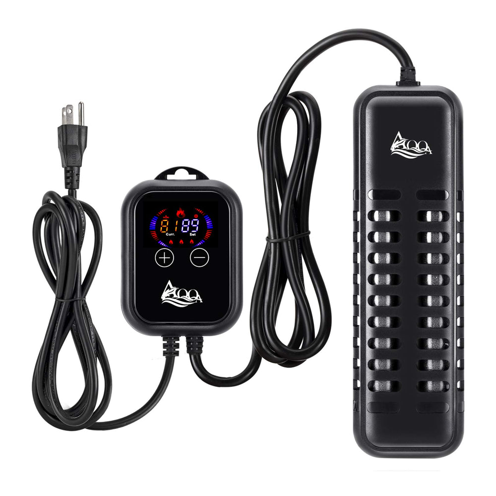 AQQA submersible heater with external controller shows precise 1200W control.