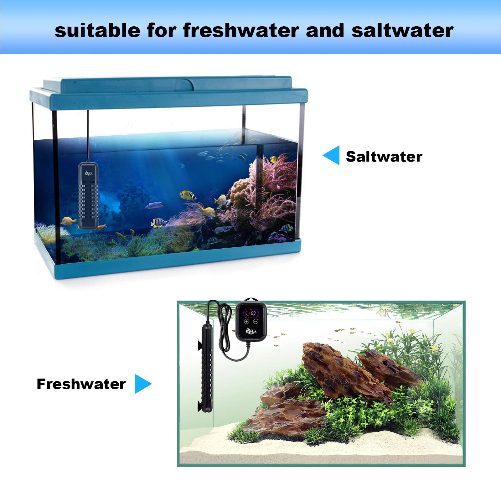 AQQA submersible heater includes adjustable hooks for mounting.