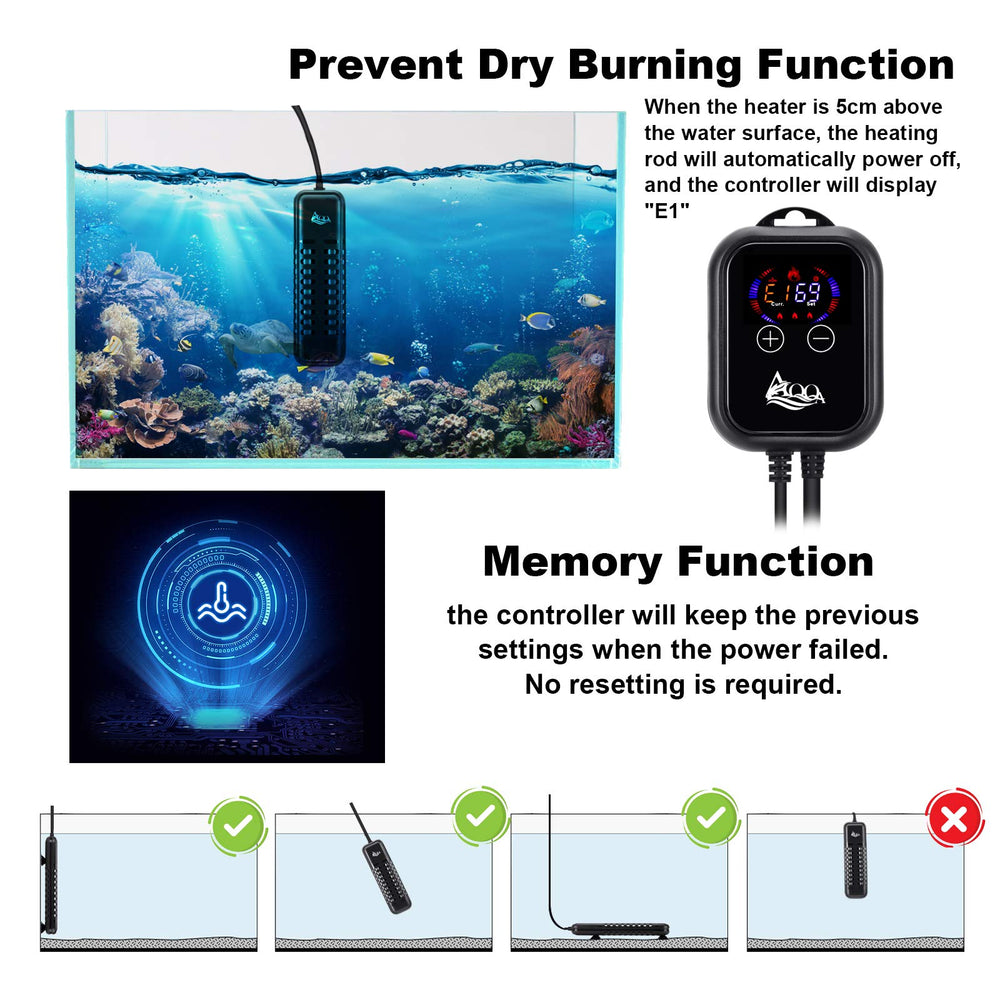 AQQA submersible heater with dry burn protection auto-shuts off when exposed.