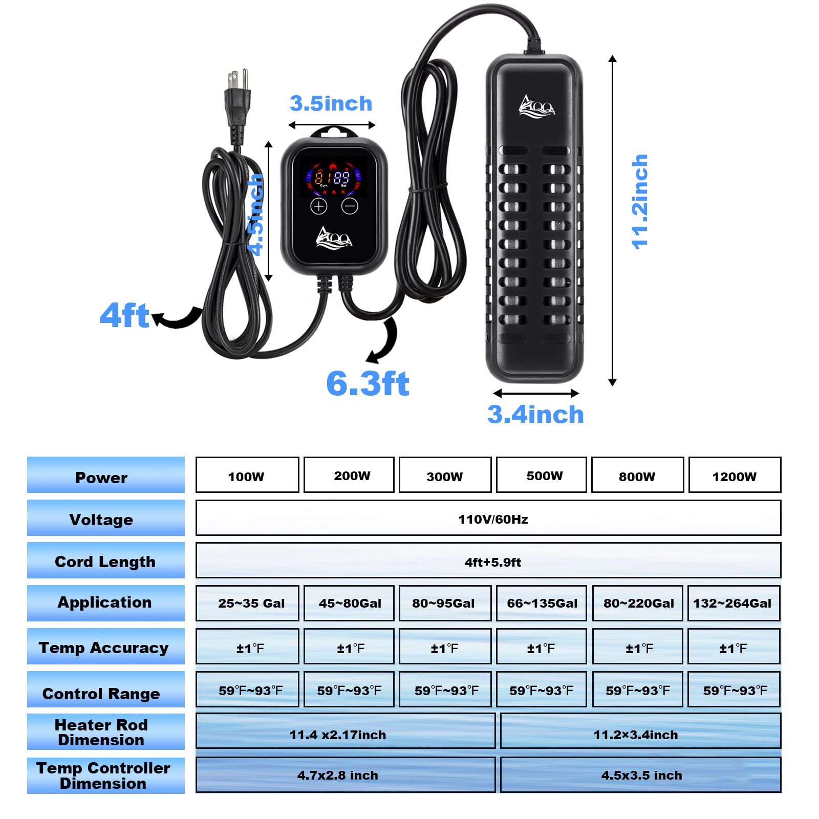 AQQA submersible heater suitable for saltwater and freshwater tanks.