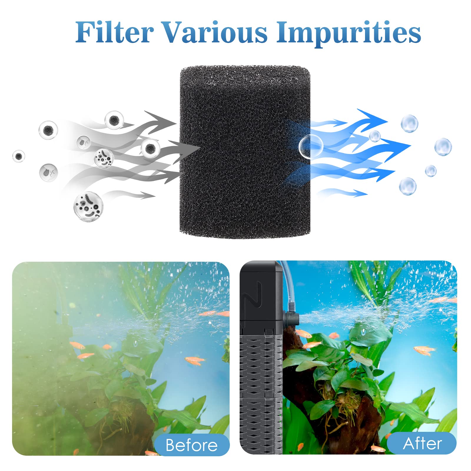 AQQA submersible filter with adjustable flow showing versatile water circulation for fish tanks up to 70 gallons.