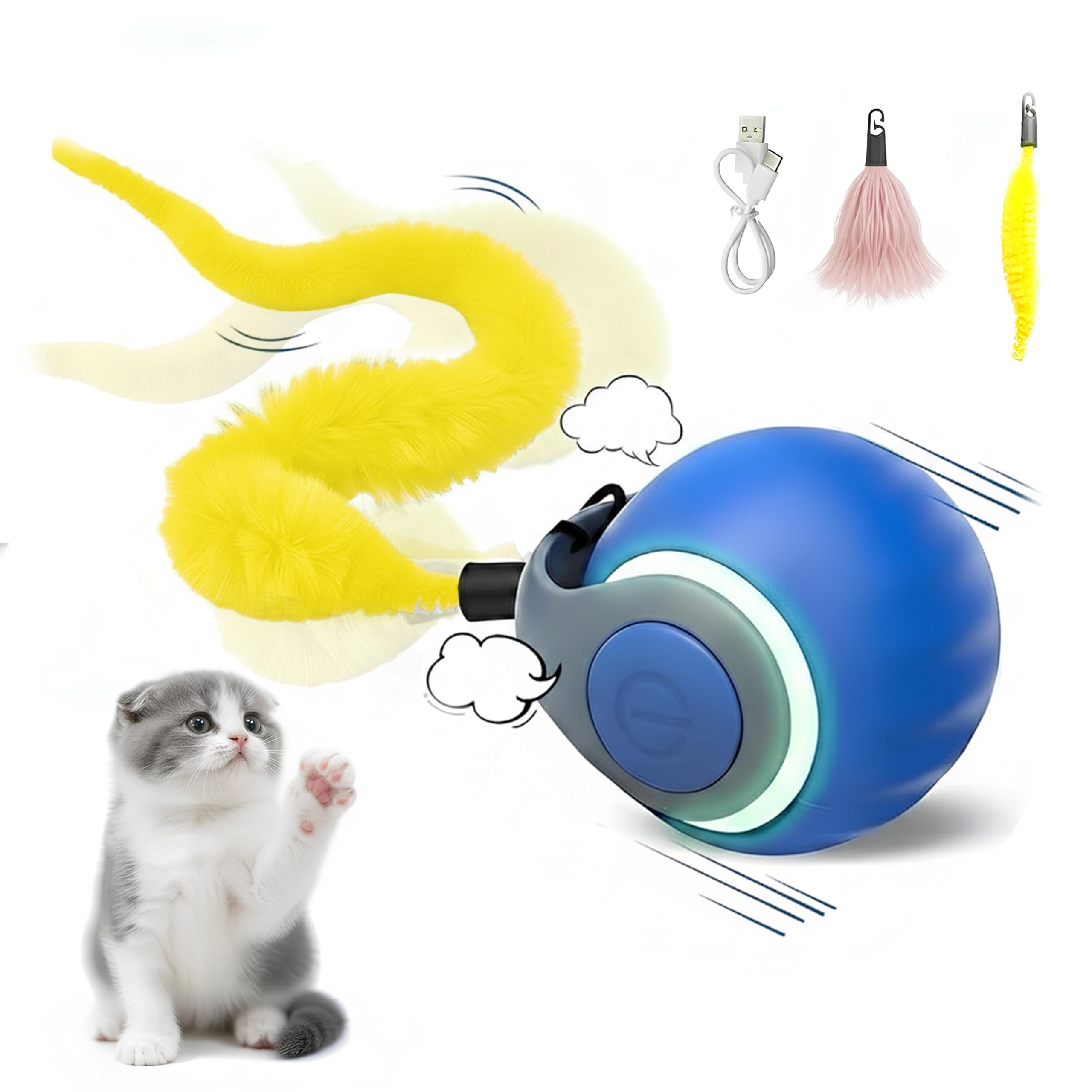 AQTELYA Speedy Tail 3.0 blue front view showing compact interactive cat toy design for engaging play