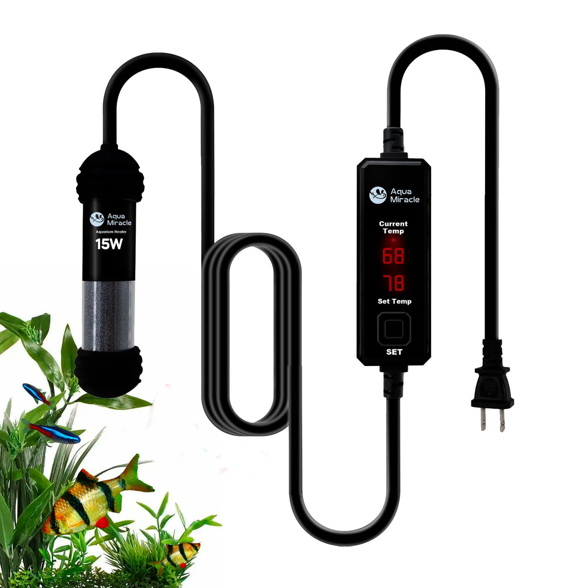 AquaMiracle 15W small aquarium heater external display shows precise temps for easy control.