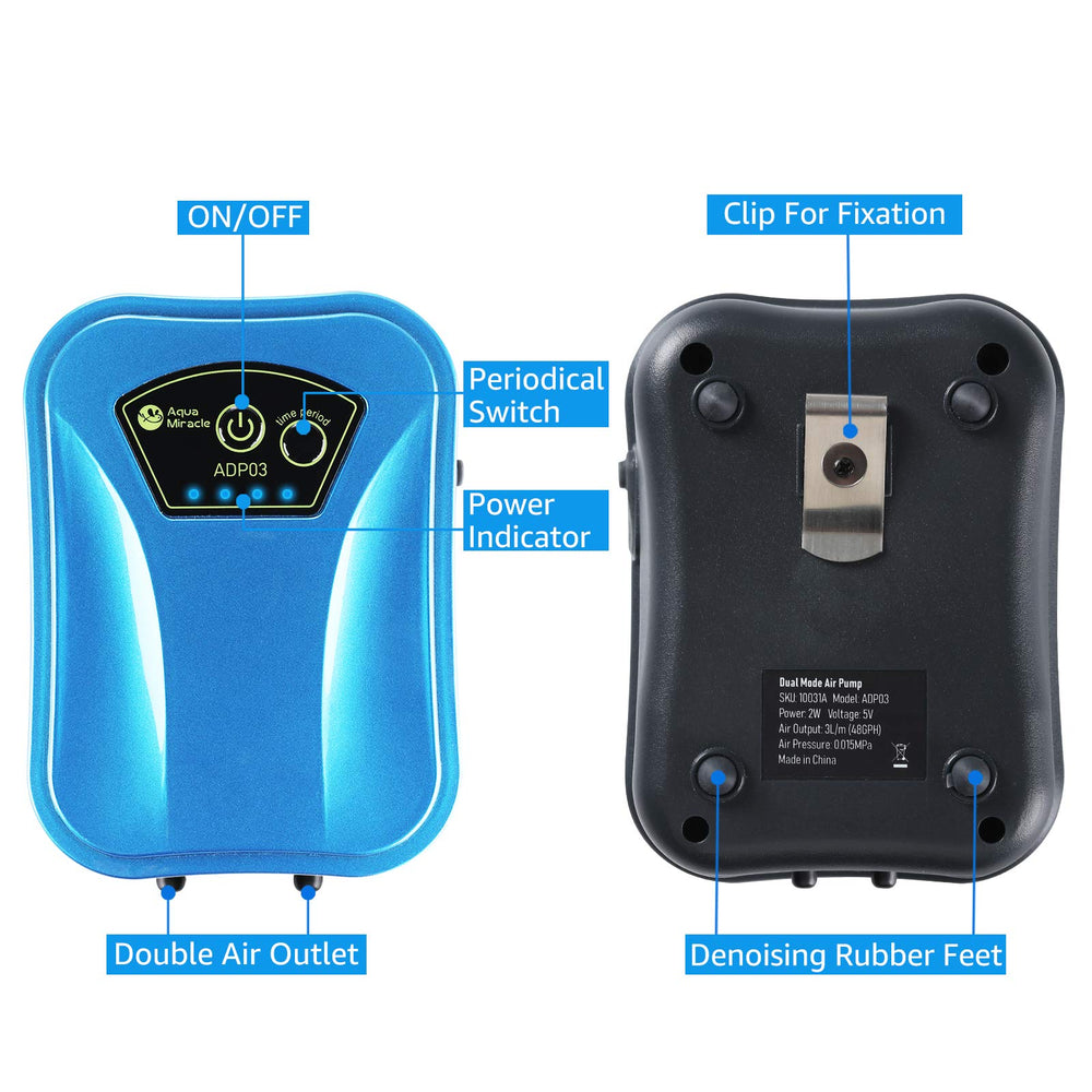 AquaMiracle compact air pump ready for desk, tank, or travel use.
