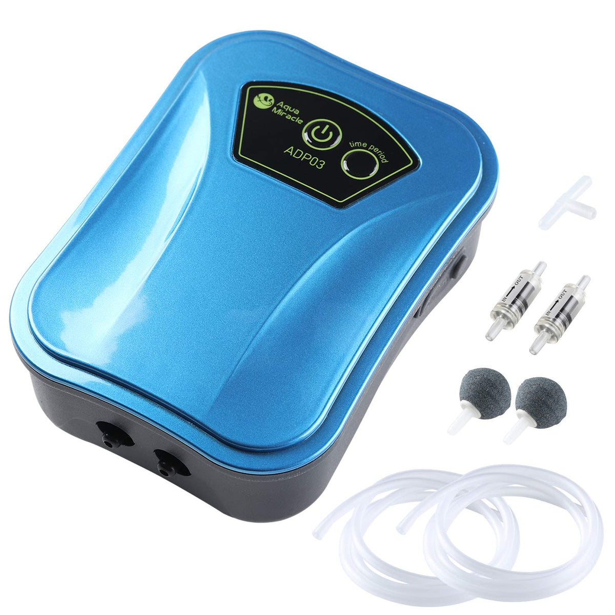 AquaMiracle lithium air pump front view showing compact, quiet operation for home aquariums.