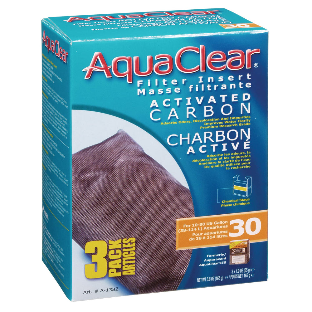 AquaClear A1382 activated carbon insert in-filter fit demonstrates adsorption in the AquaClear 30 filter.