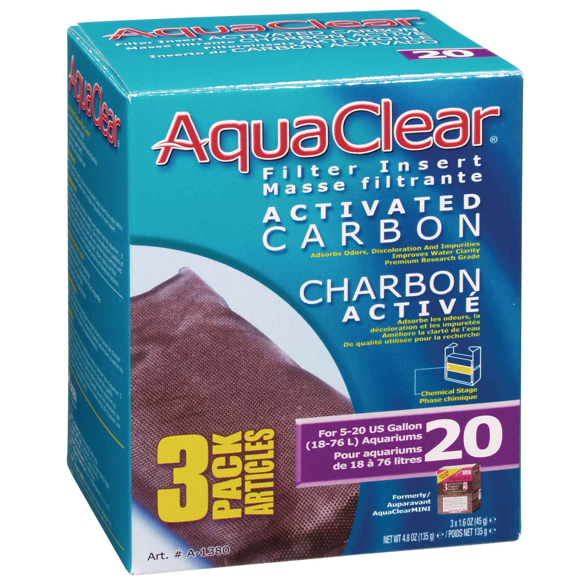 AquaClear 20 insert packaging with three-pack media for clear water