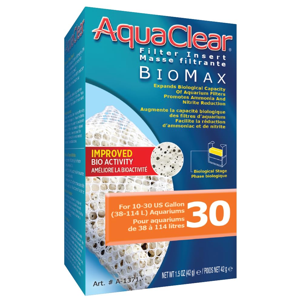 AquaClear Biomax insert shown in a 30-gallon filter offering enhanced beneficial bacteria filtration.