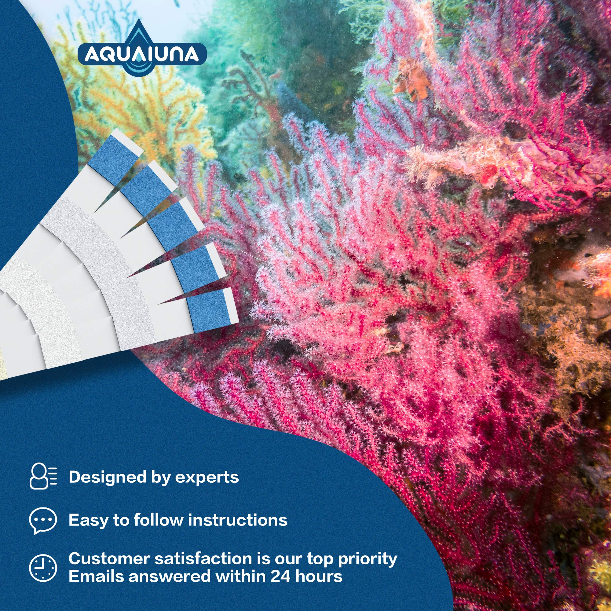 AQUALUNA test strips 6in1 dipping-procedure image showing quick two-second water dip and color match