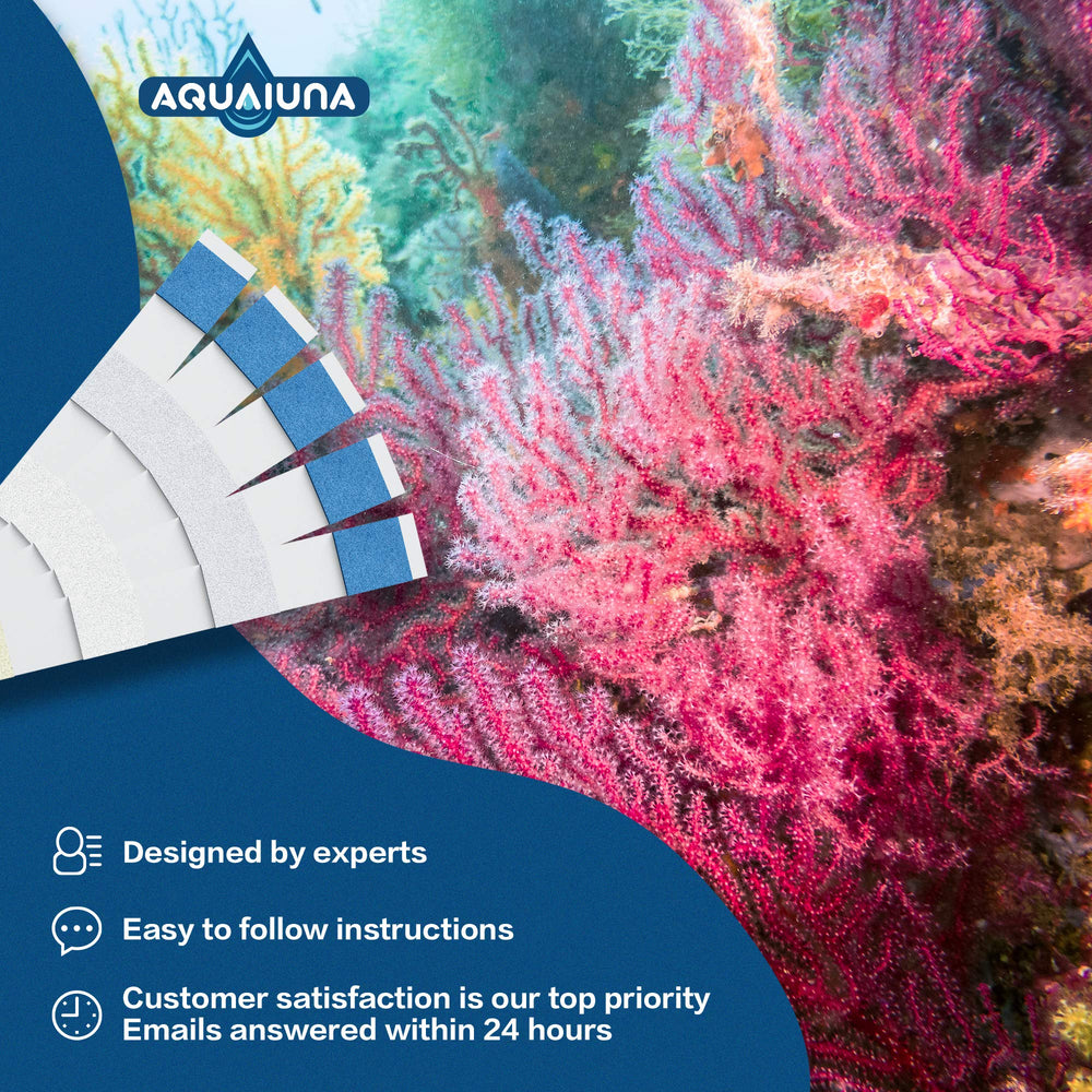 AQUALUNA test strips 6in1 dipping-procedure image showing quick two-second water dip and color match