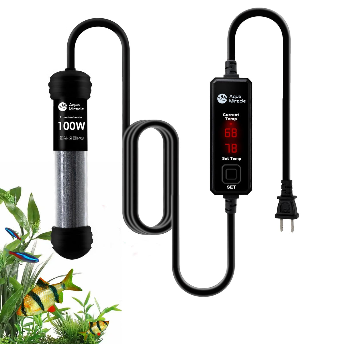 AquaMiracle 100W compact-design heater showing space-saving performance for 10-20 gallon tanks