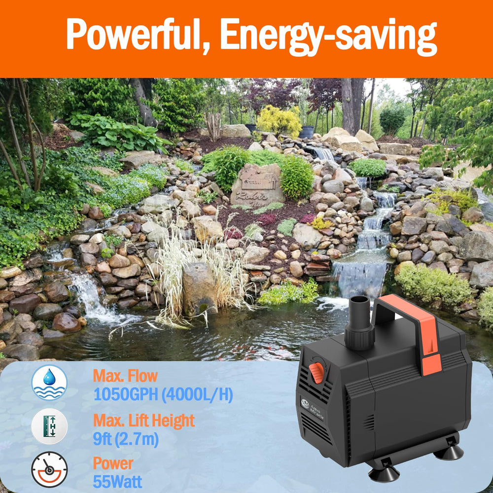 AquaMiracle 1050GPH pump in water demonstrates submersible versatility for ponds.