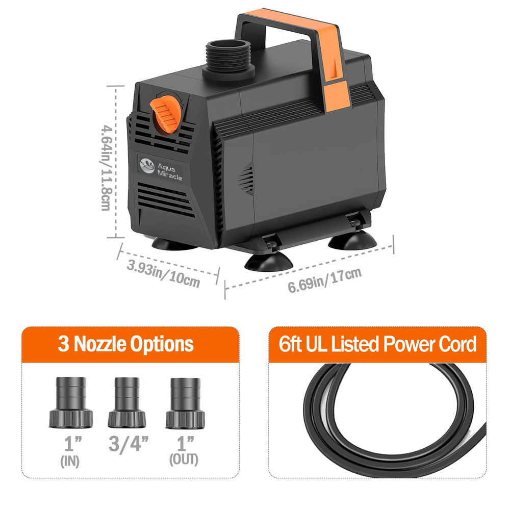 AquaMiracle 1050GPH pump with removable screen simplifies cleaning.