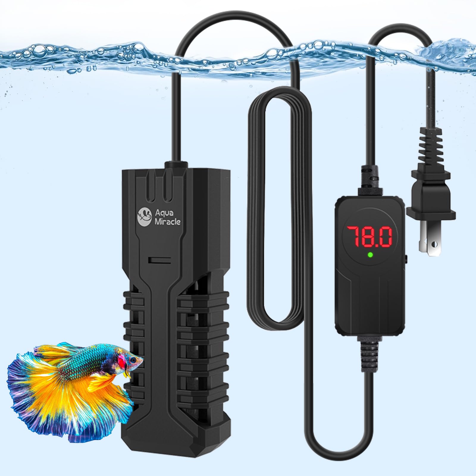 AquaMiracle 50W heater with LED display shows precise temperature control for aquariums.