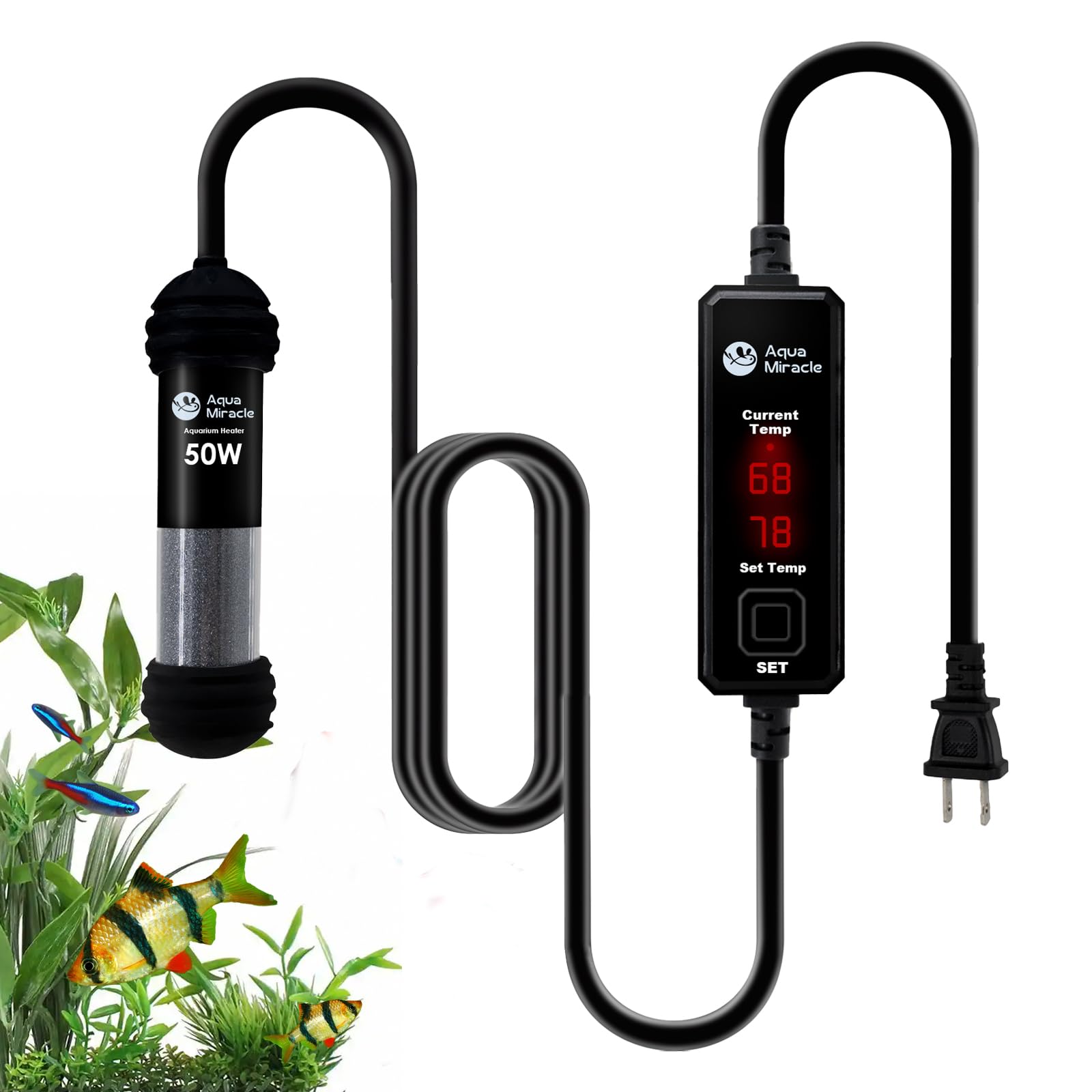 AquaMiracle 50W small aquarium heater compact design for space-saving tank warmth.